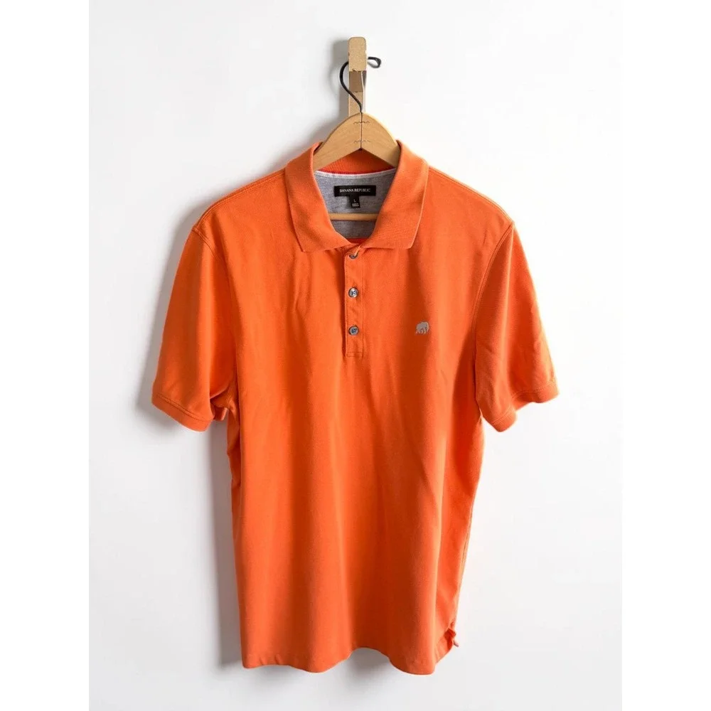 Banana Republic Mens Orange Pique Polo Shirt Short Sleeve Elephant Logo Large